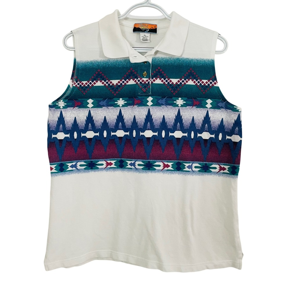 Vtg Cripple Creek Womens Sleeveless Polo Shirt Cotton‎ Aztec Southwestern L/XL